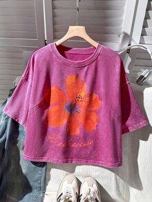Comfortcana Plus Size Vintage Floral Print Cropped Loose Washed T-Shirt - Hot Pink - View 8