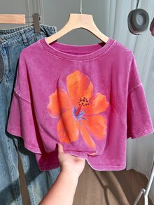 Comfortcana Plus Size Vintage Floral Print Cropped Loose Washed T-Shirt - Hot Pink - View 7
