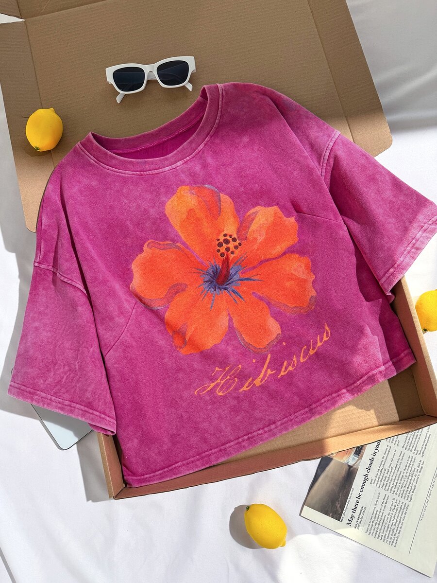 Comfortcana Plus Size Vintage Floral Print Cropped Loose Washed T-Shirt - Hot Pink - View 1