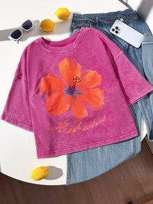Comfortcana Plus Size Vintage Floral Print Cropped Loose Washed T-Shirt - Hot Pink - View 5