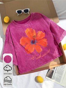 Comfortcana Plus Size Vintage Floral Print Cropped Loose Washed T-Shirt - Hot Pink - View 9