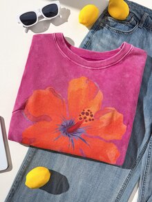 Comfortcana Plus Size Vintage Floral Print Cropped Loose Washed T-Shirt - Hot Pink - View 3