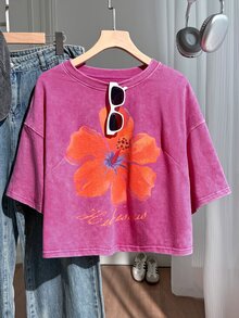 Comfortcana Plus Size Vintage Floral Print Cropped Loose Washed T-Shirt - Hot Pink - View 6