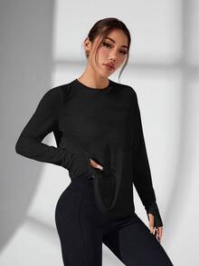 Eassivo Eassivo 女士简约纯色拇指孔休闲运动T恤，秋季款 - 黑色 - 查看 8
