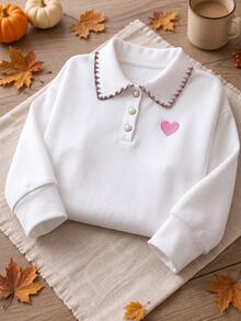Franclia 心形刺繡落肩衛衣 日常校園穿搭 白色與粉色 秋季學院風可愛款 - 白色 - 查看 6