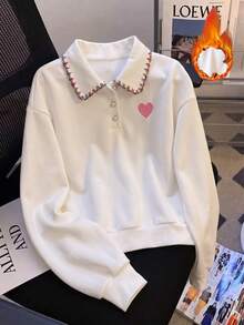 Franclia 心形刺繡落肩衛衣 日常校園穿搭 白色與粉色 秋季學院風可愛款 - 白色 - 查看 7
