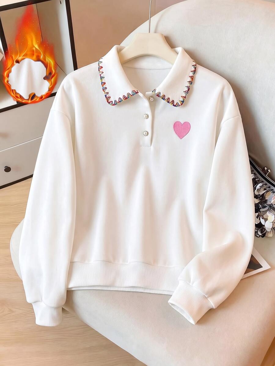 Franclia 心形刺繡落肩衛衣 日常校園穿搭 白色與粉色 秋季學院風可愛款 - 白色 - 查看 1