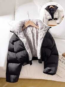 SHEIN Tween Girls Minimalist Comfortable Fashionable, Super Warm Black Leopard Print Jacket For Home, Outings, School, Back To School Season - Black - View 3