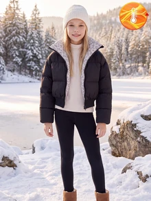 SHEIN Tween Girls Minimalist Comfortable Fashionable, Super Warm Black Leopard Print Jacket For Home, Outings, School, Back To School Season - Black - View 5