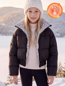 SHEIN Tween Girls Minimalist Comfortable Fashionable, Super Warm Black Leopard Print Jacket For Home, Outings, School, Back To School Season - Black - View 2