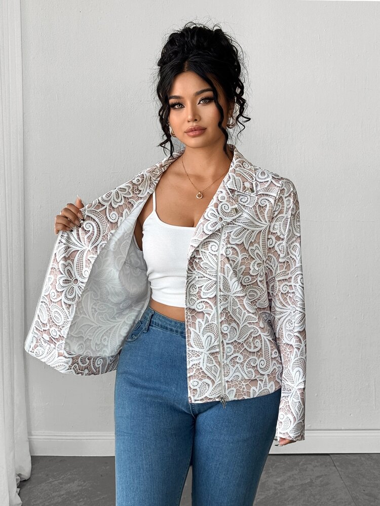 Linhara CURVE Women's Plus Size Light Pink Floral Lace Hollow-Out Water-Soluble Lace Print Pattern Lapel Diagonal Zipper Motorcycle Short Jacket Textured Lace Long Sleeve Loose Casual Jacket Versatile Gentle Sweet Daily Commute Autumn/Winter New Style - Multicolor - View 7