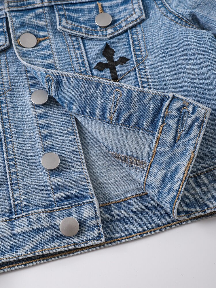 SHEIN 2Pcs Baby Boy Cross-Shaped Pattern Blue Denim Distressed Jacket And Stretch Tight-Fitting Jeans - Blue - View 7