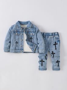 SHEIN 2Pcs Baby Boy Cross-Shaped Pattern Blue Denim Distressed Jacket And Stretch Tight-Fitting Jeans - Blue - View 3