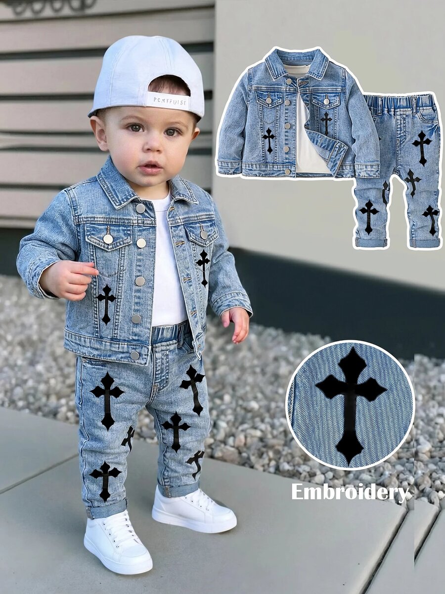 SHEIN 2Pcs Baby Boy Cross-Shaped Pattern Blue Denim Distressed Jacket And Stretch Tight-Fitting Jeans - Blue - View 1