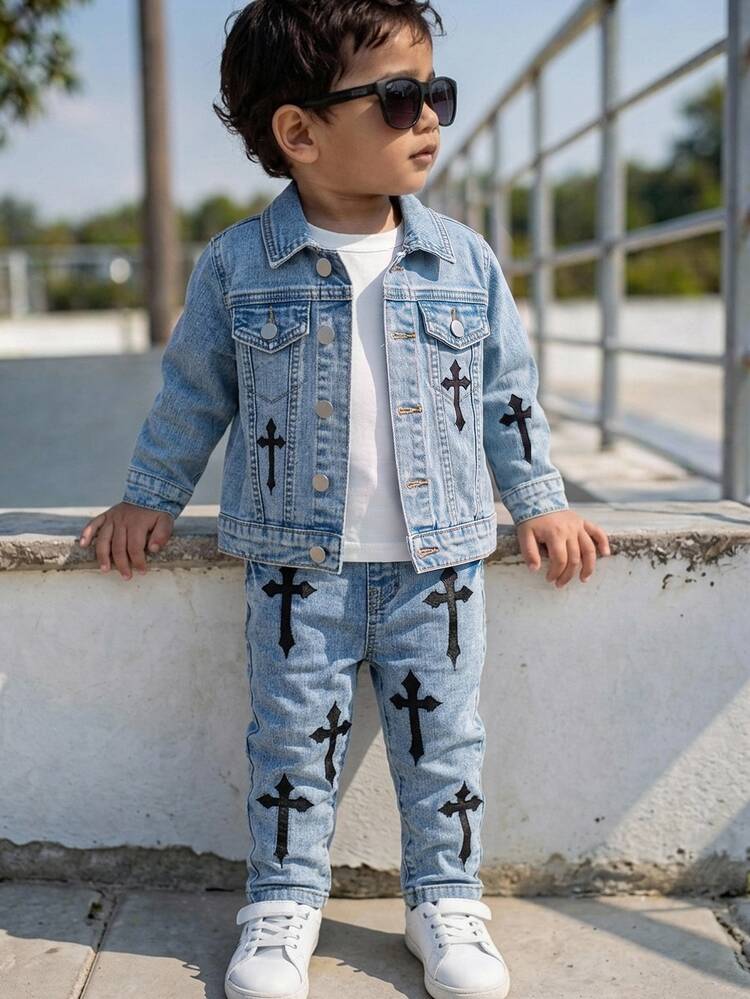 SHEIN 2Pcs Baby Boy Cross-Shaped Pattern Blue Denim Distressed Jacket And Stretch Tight-Fitting Jeans - Blue - View 8