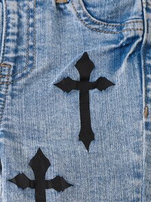 SHEIN 2Pcs Baby Boy Cross-Shaped Pattern Blue Denim Distressed Jacket And Stretch Tight-Fitting Jeans - Blue - View 5