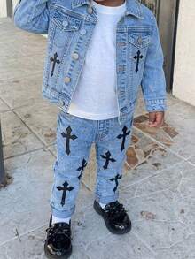 SHEIN 2Pcs Baby Boy Cross-Shaped Pattern Blue Denim Distressed Jacket And Stretch Tight-Fitting Jeans - Blue - View 9