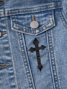 SHEIN 2Pcs Baby Boy Cross-Shaped Pattern Blue Denim Distressed Jacket And Stretch Tight-Fitting Jeans - Blue - View 6