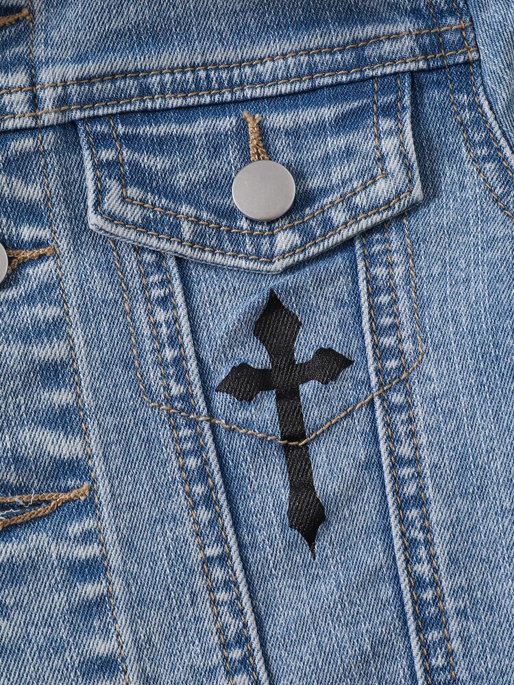SHEIN 2Pcs Baby Boy Cross-Shaped Pattern Blue Denim Distressed Jacket And Stretch Tight-Fitting Jeans - Blue - View 6
