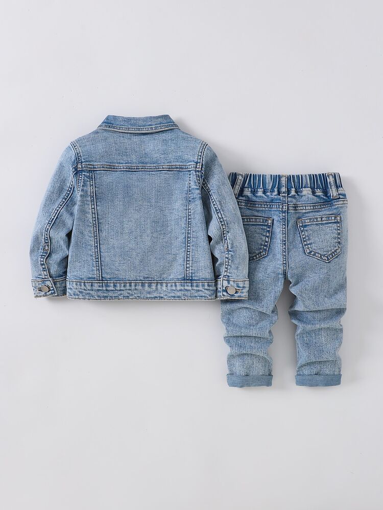 SHEIN 2Pcs Baby Boy Cross-Shaped Pattern Blue Denim Distressed Jacket And Stretch Tight-Fitting Jeans - Blue - View 2