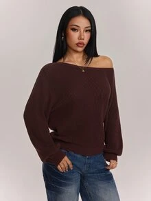 SHEIN PETITE 女款深棕色長袖套頭毛衣，露肩設計，適合秋冬穿著，適合小個子女性早午餐休閒穿搭，100%純棉，小碼 - 棕色 - 查看 3
