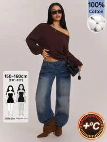 SHEIN PETITE 女款深棕色長袖套頭毛衣，露肩設計，適合秋冬穿著，適合小個子女性早午餐休閒穿搭，100%純棉，小碼 - 棕色 - 查看 8