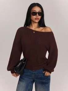SHEIN PETITE 女款深棕色長袖套頭毛衣，露肩設計，適合秋冬穿著，適合小個子女性早午餐休閒穿搭，100%純棉，小碼 - 棕色 - 查看 4