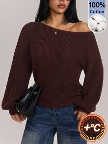 SHEIN PETITE 女款深棕色長袖套頭毛衣，露肩設計，適合秋冬穿著，適合小個子女性早午餐休閒穿搭，100%純棉，小碼 - 棕色 - 查看 6