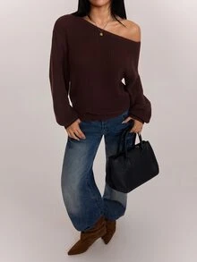 SHEIN PETITE 女款深棕色長袖套頭毛衣，露肩設計，適合秋冬穿著，適合小個子女性早午餐休閒穿搭，100%純棉，小碼 - 棕色 - 查看 9