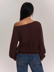 SHEIN PETITE 女款深棕色長袖套頭毛衣，露肩設計，適合秋冬穿著，適合小個子女性早午餐休閒穿搭，100%純棉，小碼 - 棕色 - 查看 2
