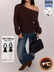 SHEIN PETITE 女款深棕色長袖套頭毛衣，露肩設計，適合秋冬穿著，適合小個子女性早午餐休閒穿搭，100%純棉，小碼 - 棕色 - 查看 7