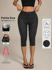 SHEIN PETITE 女款高彈性高腰黑白波點緊身褲，適合度假、運動休閒基礎款、日常穿著、健身房運動，夏季與秋季，小碼適穿 - 黑色 - 查看 11