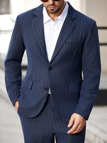 Manfinity Bizformal Men's Business Casual Single-Breasted Suit Jacket And Pants Set,Notched Lapel Old Money Style Navy Blue And White Summer Office Commute Party Banquet - Blue - View 5