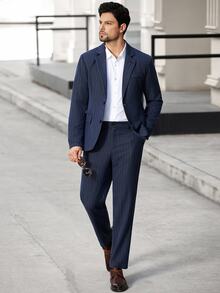 Manfinity Bizformal Men's Business Casual Single-Breasted Suit Jacket And Pants Set,Notched Lapel Old Money Style Navy Blue And White Summer Office Commute Party Banquet - Blue - View 1
