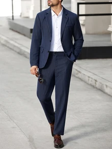 Manfinity Bizformal Men's Business Casual Single-Breasted Suit Jacket And Pants Set,Notched Lapel Old Money Style Navy Blue And White Summer Office Commute Party Banquet - Blue - View 2