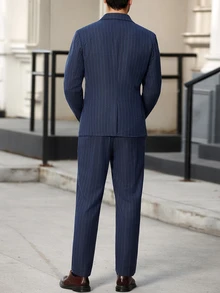 Manfinity Bizformal Men's Business Casual Single-Breasted Suit Jacket And Pants Set,Notched Lapel Old Money Style Navy Blue And White Summer Office Commute Party Banquet - Blue - View 6