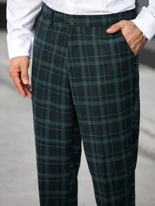 Manfinity Bizformal Men's Plaid Lapel NeckLong Sleeve Jacket And Pants Casual Suit Set - Green - View 5