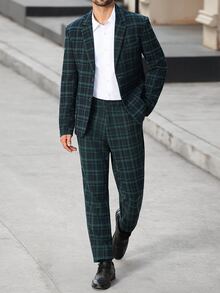 Manfinity Bizformal Men's Plaid Lapel NeckLong Sleeve Jacket And Pants Casual Suit Set - Green - View 7