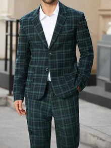 Manfinity Bizformal Men's Plaid Lapel NeckLong Sleeve Jacket And Pants Casual Suit Set - Green - View 4