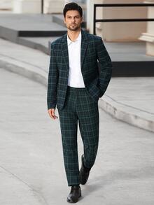 Manfinity Bizformal Men's Plaid Lapel NeckLong Sleeve Jacket And Pants Casual Suit Set - Green - View 1