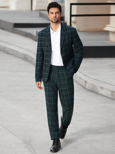 Manfinity Bizformal Men's Plaid Lapel NeckLong Sleeve Jacket And Pants Casual Suit Set