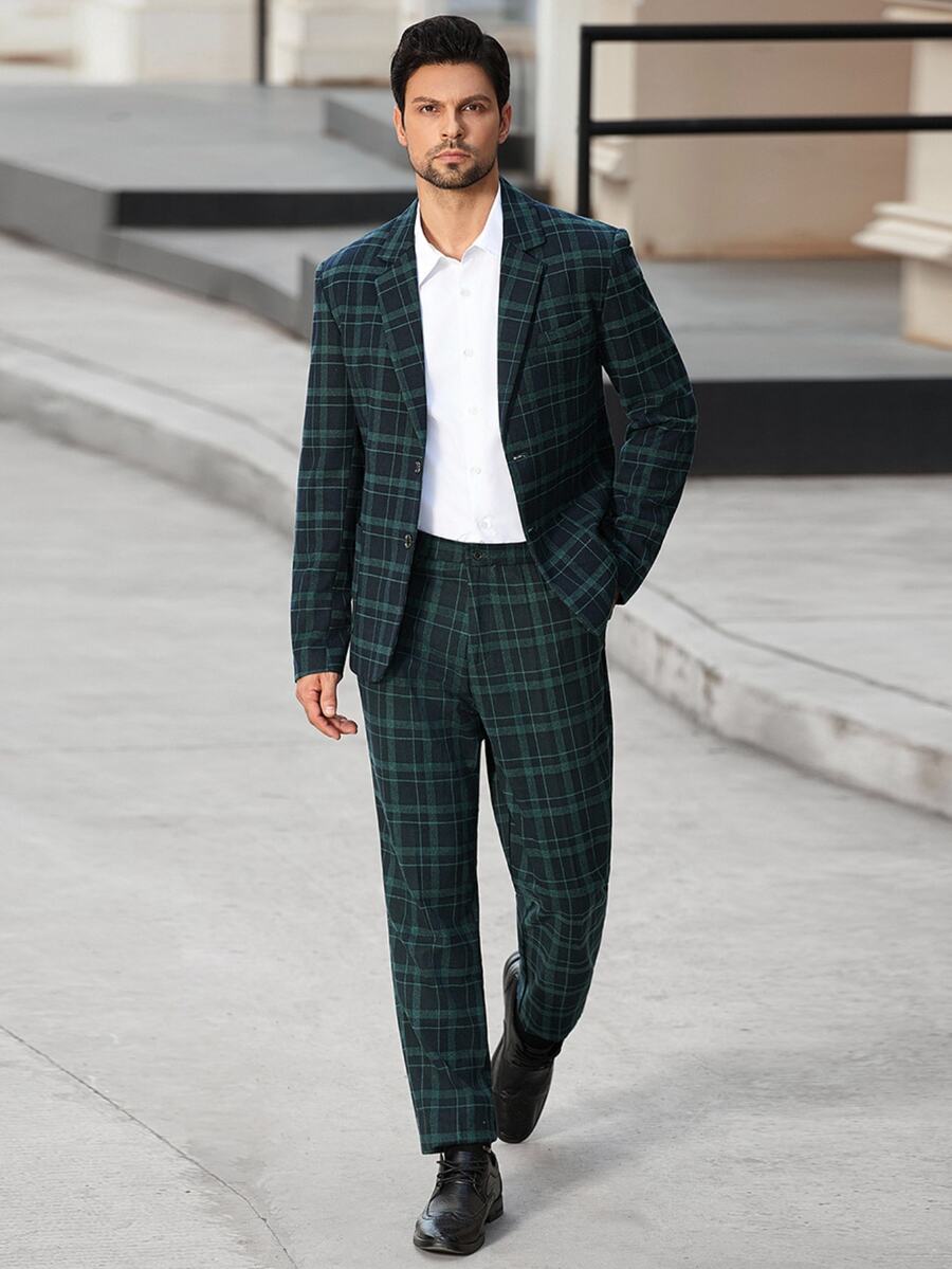 Manfinity Bizformal Men's Plaid Lapel NeckLong Sleeve Jacket And Pants Casual Suit Set - Green - View 1