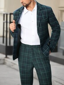 Manfinity Bizformal Men's Plaid Lapel NeckLong Sleeve Jacket And Pants Casual Suit Set - Green - View 8
