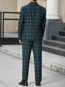 Manfinity Bizformal Men's Plaid Lapel NeckLong Sleeve Jacket And Pants Casual Suit Set - Green - View 2