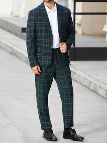 Manfinity Bizformal Men's Plaid Lapel NeckLong Sleeve Jacket And Pants Casual Suit Set - Green - View 3