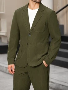 Manfinity Bizformal Elegant Business Casual Lapel Neck Green Men's Single-Breasted Jacket And Pants Suit - Dark Green - View 4