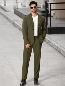 Manfinity Bizformal Elegant Business Casual Lapel Neck Green Men's Single-Breasted Jacket And Pants Suit - Dark Green - View 1