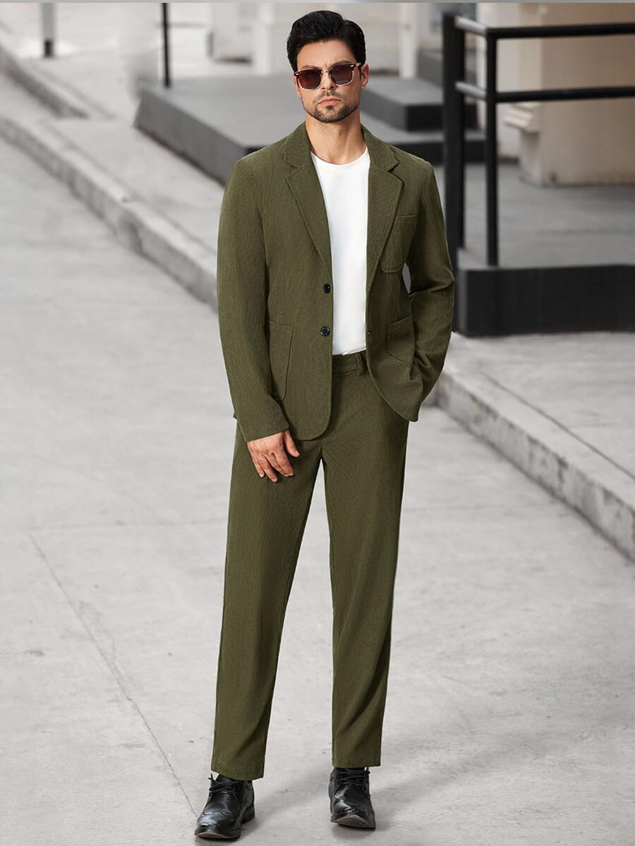 Manfinity Bizformal Elegant Business Casual Lapel Neck Green Men's Single-Breasted Jacket And Pants Suit - Dark Green - View 1