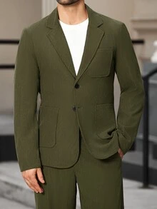 Manfinity Bizformal Elegant Business Casual Lapel Neck Green Men's Single-Breasted Jacket And Pants Suit - Dark Green - View 3