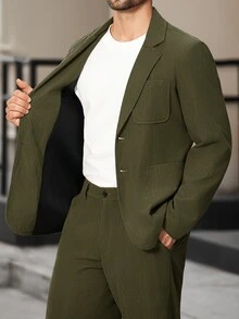 Manfinity Bizformal Elegant Business Casual Lapel Neck Green Men's Single-Breasted Jacket And Pants Suit - Dark Green - View 8